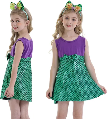 Vista 2 de HenzWorld Vestido de Sirena para Niñas Pequeñas, Vestido de Princesa Sirena, Ropa de Disfraz, Cosplay, Fiesta de Cumpleaños con Diadema Vestido +