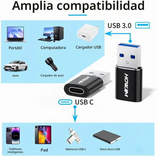 Vista 4 de Paquete de 2 adaptadores USB a USB C, PD/QC de carga rápida de transferencia de datos de 5 Gbps, adaptador OTG tipo C hembra a USB 3.0 macho