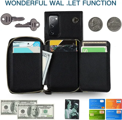 Vista 3 de Asuwish Funda de teléfono para Samsung Galaxy S20 FE 5G de 6.5 pulgadas con protector de pantalla y soporte para tarjetas con cremallera, soporte