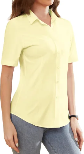 Vista 7 de Camisas de vestir para mujer, sin arrugas, con botones, de manga corta, camisas de trabajo con cuello