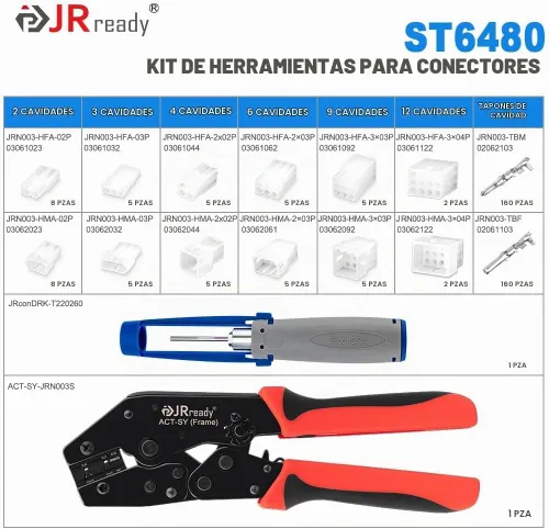 Vista 2 de JRready ST6480 Kit de clavijas de conector eléctrico de 2, 3, 4, 6, 9 y 12 pines con herramienta extractora de terminales de crimpado. 160 juegos.