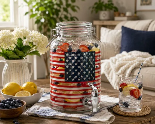 Vista 5 de Dispensador de bebidas de vidrio de 1 galón con espita – Dispensador de bebidas con bandera estadounidense del 250 aniversario, a prueba de fugas