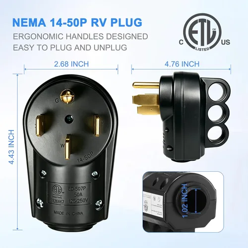 Vista 3 de Enchufe RV de 50 amperios, NEMA 14-50P 125/250 voltios, enchufe macho de repuesto resistente con asas ergonómicas para RV, EV, cable generador