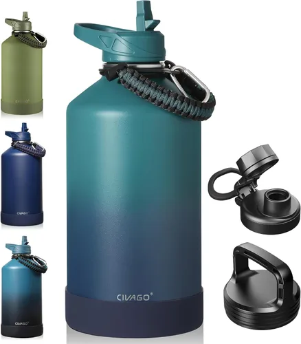 Vista 7 de CIVAGO Botella de agua aislada de 22 onzas con pajita, frasco de agua deportiva de acero inoxidable con 3 tapas