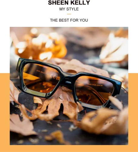 Vista 6 de SHEEN KELLY Gafas de sol rectangulares gruesas retro gruesas para mujeres y hombres, a la moda, cuadrados, negros, montura tipo tortie, gafas
