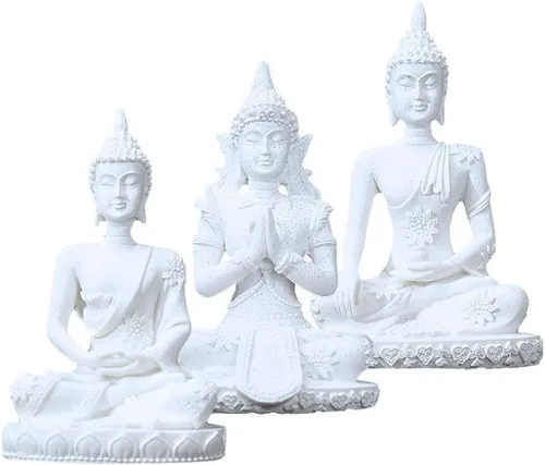 Vista 10 de Estatua armoniosa de meditación de yoga de Buda blanca, escultura coleccionable de piedra arenisca artesanal, decoración de escultura de Feng Shui