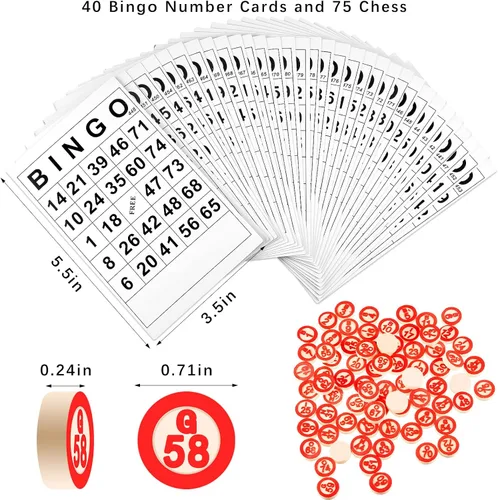 Vista 2 de Lewtemi El juego de mesa de bingo de madera vintage incluye 40 tarjetas clásicas de números de bingo y 75 ajedrez para fiestas familiares grandes