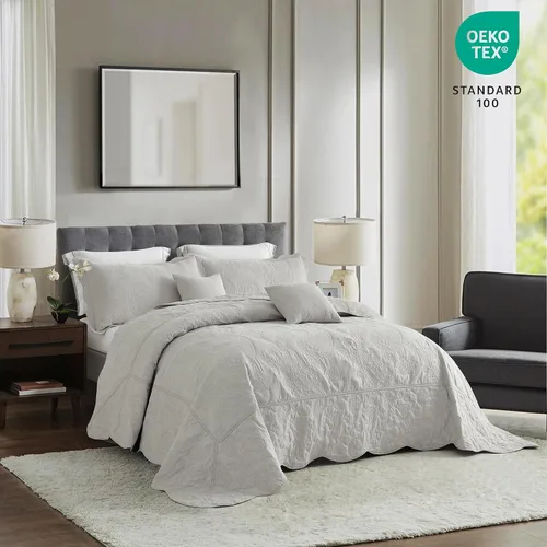 Vista 3 de Colcha Queen de Algodón de Tamaño Grande, Diseño de Patrón Paisley Reversible, Cobertor de Cama Ligero, Juego de 5 Piezas - Queen, Gris Generous