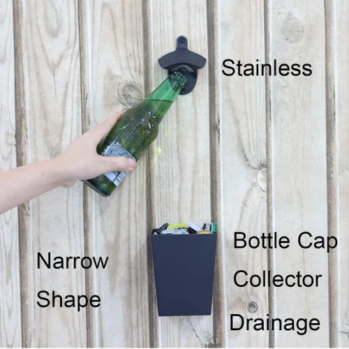 Vista 3 de Abridor de botellas de montaje en pared negro con tapón de drenaje, abrebotellas magnético de acero inoxidable (2 abridores)