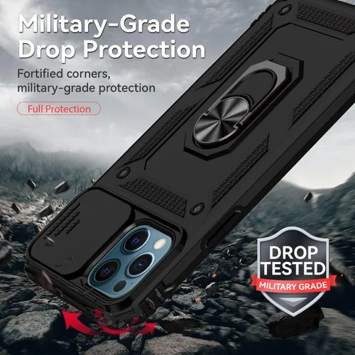 Vista 5 de Funda para iPhone 12 Pro Max con cubierta para lente de cámara, protector de pantalla HD, protección contra caídas de grado militar, soporte