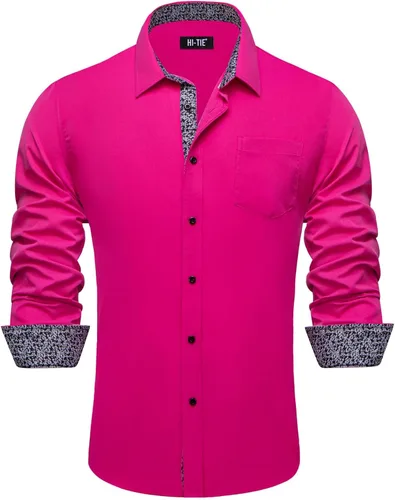 Vista 8 de Hi-Tie Camisa de manga larga jacquard con contraste interior sin arrugas para hombre