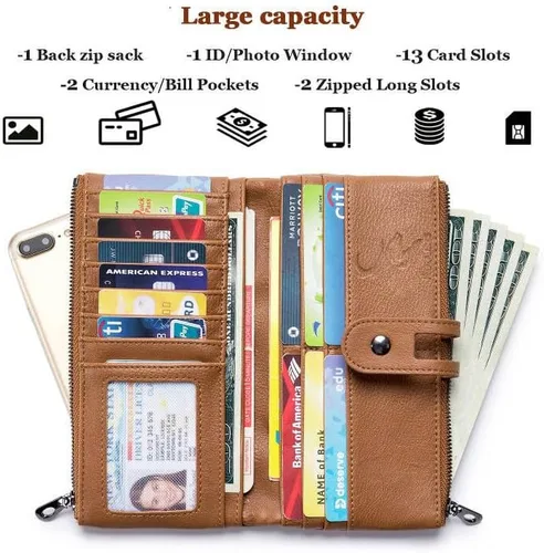 Vista 2 de Cartera para mujer, de gran capacidad, de piel auténtica, plegable, con bloqueo RFID, tarjetero con bolsillo con cremallera