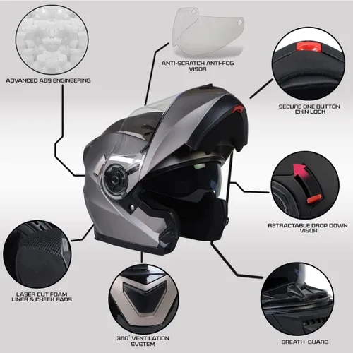 Vista 2 de Milwaukee Helmets MPH9808DOT - Casco modular de motocicleta avanzado de plata ionizada con visera abatible, talla S