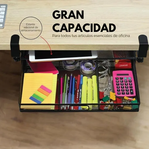 Vista 7 de Organizador de Cajones Debajo del Escritorio con Abrazadera, Accesorio de Malla Metálica, 1 Cajón Deslizante, Organizador para Escritorio o Debajo