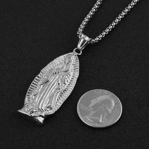 Vista 4 de HZMAN Collar colgante de acero inoxidable con cadena de trigo de acero inoxidable con cadena de trigo de Nuestra Señora de Guadalupe