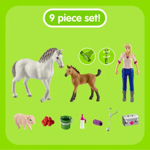 Vista 3 de Schleich Farm World - Juego de 9 piezas de visita veterinaria con figuras de cerdito, yegua y potro, juego detallado y duradero, juego divertido