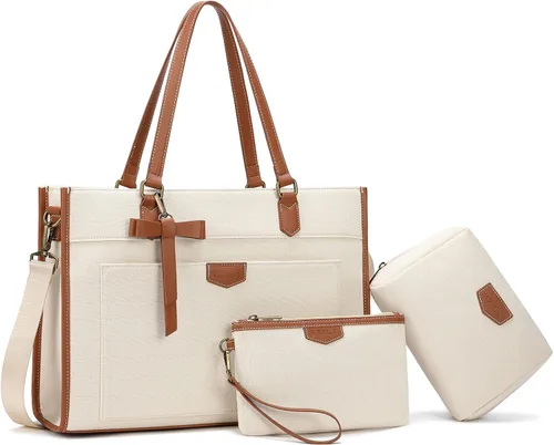 Vista 8 de Keyli 3 piezas Bolsa para Laptop para Mujeres, 15.6 Pulgadas Bolsa de Lona Tote Bolsas de Trabajo Grandes Maletín de Computadora de Negocios Bolso