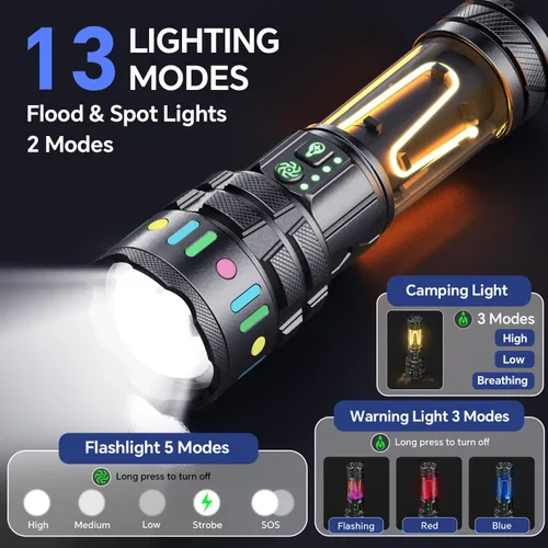 Vista 3 de Linternas recargables de alto lúmenes 10000, luz LED súper brillante de larga duración, linterna de camping con 13 modos, impermeable, ajustable LED