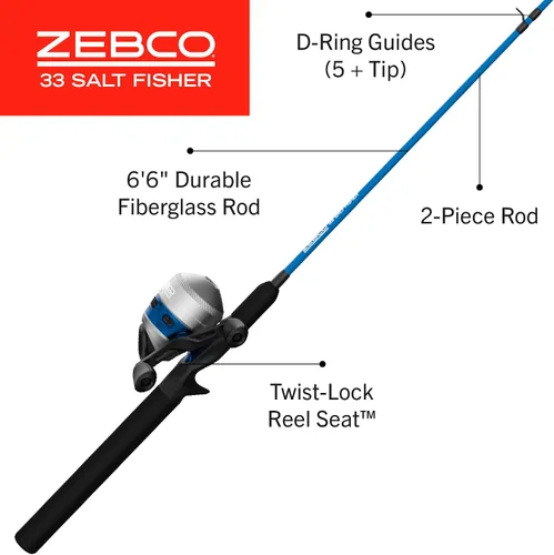Vista 3 de Zebco Salt Fisher 33 Spincast - Combo de carrete y caña de pescar, 6 pies 6 pulgadas, 2 piezas de potencia media-pesada, varilla de fibra de vidrio
