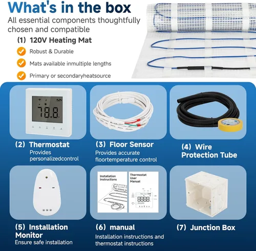 Vista 7 de Kit de alfombrilla eléctrica radiante de 40 pies cuadrados, termostato programable WiFi de 120 V, sensor dual, listado cULus, seguro para áreas