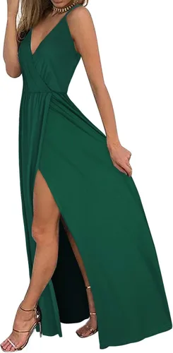 Vista 2 de II ININ - Vestido casual para mujer veraniego con cuello en V profundo estampado floral o color liso vestido largo con abertura para fiesta
