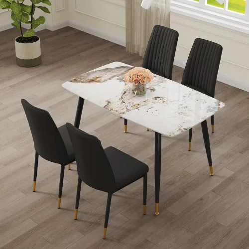 Vista 14 de Juego de 5 mesas de comedor modernas de piedra sinterizada de 50 pulgadas, mesa de cocina rectangular de mármol sintético con 4 sillas de piel