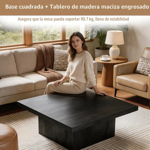 Vista 5 de Mesa de centro cuadrada, mesa de madera para sala de estar, mesa central con una mesa grande, 35.4 x 35.4 pulgadas, para espacios pequeños