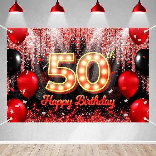 Vista 22 de Telón de Fondo Banner de Feliz 10º Cumpleaños Tema Negro y Rojo con Fondo de Neón Brillante y Moda para Fiesta de Cumpleaños Fotografía Accesorio
