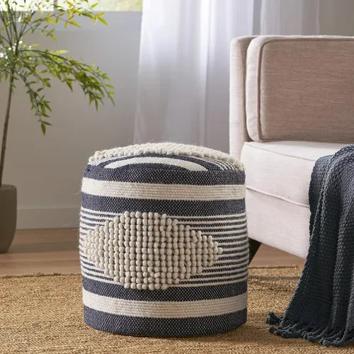 Vista 2 de Christopher Knight Home Lucknow Puf Cilindro Artesanal - Blanco/Azul Denim