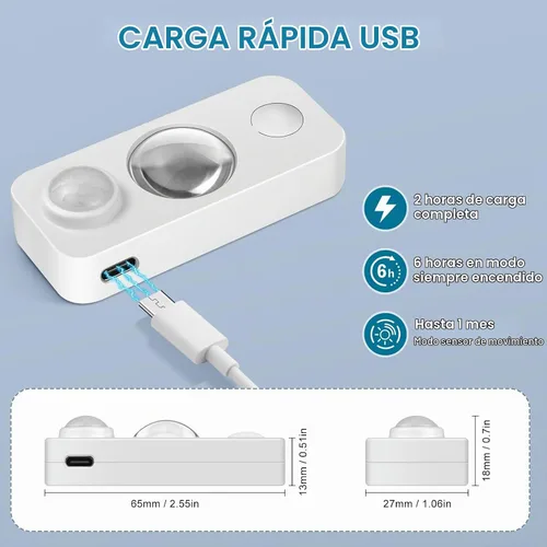 Vista 3 de Luces LED Puck con Sensor de Movimiento, Iluminación Inalámbrica Recargable para Debajo del Gabinete, Luz Nocturna Regulable, Luces Debajo