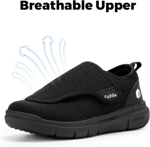 Vista 6 de FitVille Zapatos para diabéticos para hombre, zapatos extra anchos sin cordones para pies hinchados, zapatos ajustables para caminar para ancianos