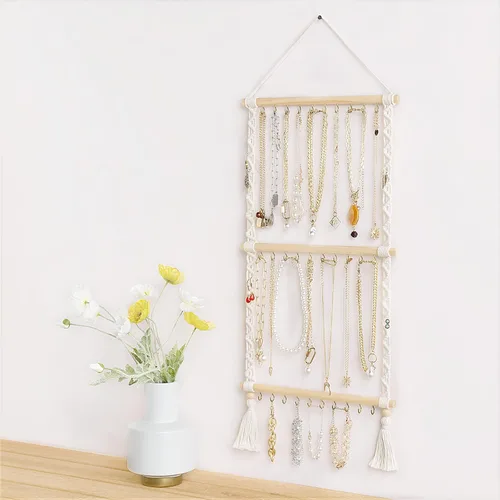 Vista 2 de Dahey Organizador de joyas colgante con 30 ganchos sobre la puerta, estante para collares, pulseras, aretes, exhibición, montaje en pared, espejo