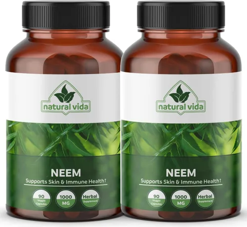 Vista 2 de Suplemento herbario Neem 1000mg - 90 cápsulas - Apoya la piel, la salud inmunológica y hepática, desintoxicación, cápsulas veganas, sin gluten (1)