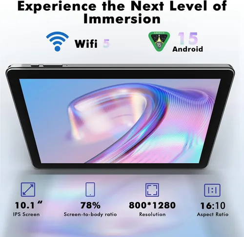 Vista 10 de Tablet Android 15 de 10.1 pulgadas, 24 GB de RAM 128 GB ROM (ampliable 1 TB), pantalla HD de 1280 x 800, batería de 6000 mAh, cámara de 5 MP+8 MP