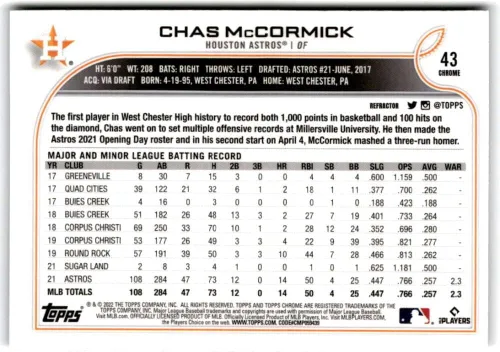 Vista 2 de 2022 Topps Chrome Refractor #43 Chas McCormick RC Rookie Houston Astros MLB Baseball Trading Card