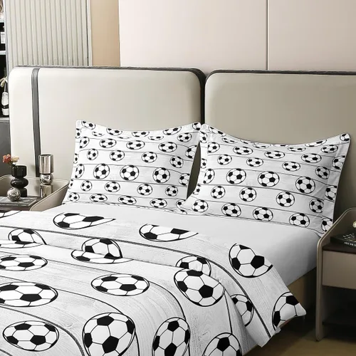 Vista 4 de Juego de ropa de cama de fútbol 100% algodón natural, tamaño individual, funda de edredón con patrón de bola blanca trasera, 2 piezas