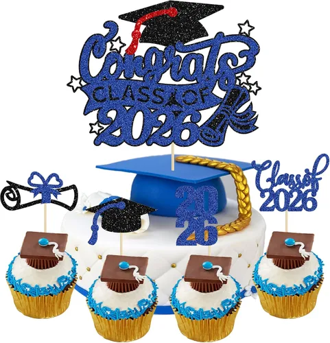Vista 19 de Gyufise 24 piezas de decoración para cupcakes con purpurina para graduación 2026, decoración de pasteles para graduación 2026, decoración de Negro