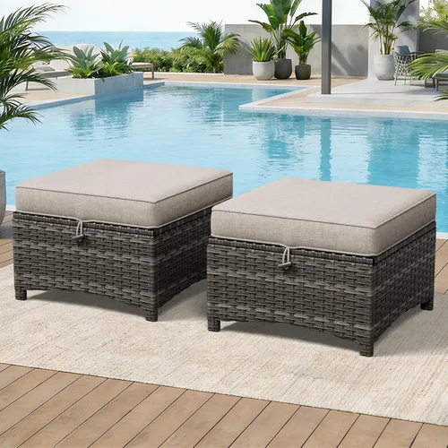 Vista 7 de Juego de 2 otomanas para patio, 22 x 22 x 18 pulgadas, reposapiés de mimbre para exteriores con cojín, beige, para jardín, patio trasero, cubierta