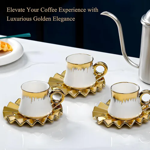 Vista 5 de Juego de 6 tazas de café turco de cerámica de 3.5 onzas, tazas y platillos de porcelana para capuchino italiano británico con ribete dorado