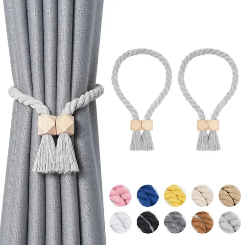 Vista 33 de NICEEC 2 Pack de Alzapaños Magnéticos de Madera en Forma de Cubo Boho para Decoración del Hogar, Alzapaños de Lino Tejidos a Mano para Cortinas Beige