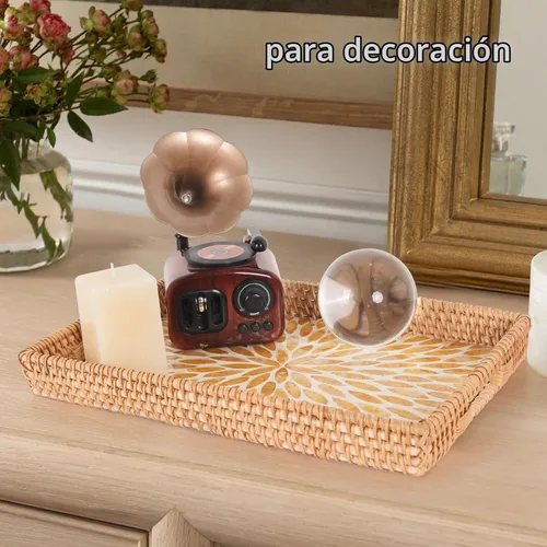 Vista 6 de Bandeja rectangular de ratán con incrustaciones de madreperla, bandeja de ratán con asa para café, pan, frutas, aperitivos, bandeja decorativa