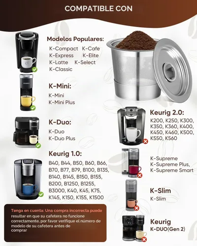 Vista 2 de Paquete de 2 tazas K reutilizables para Keurig 1.0 – Cápsulas de café reutilizables de acero inoxidable K Cup con cuchara de metal, cepillo y 4