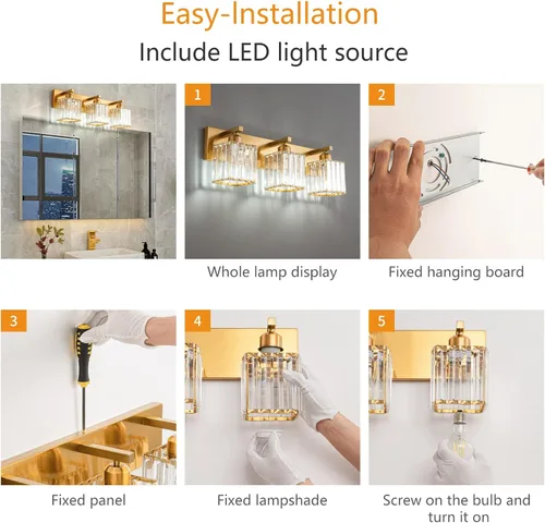 Vista 6 de ZHLWIN Moderna lámpara de tocador de baño de cristal dorado, 3 luces, moderna lámpara de pared de baño dorada 002 dorado 3 luces