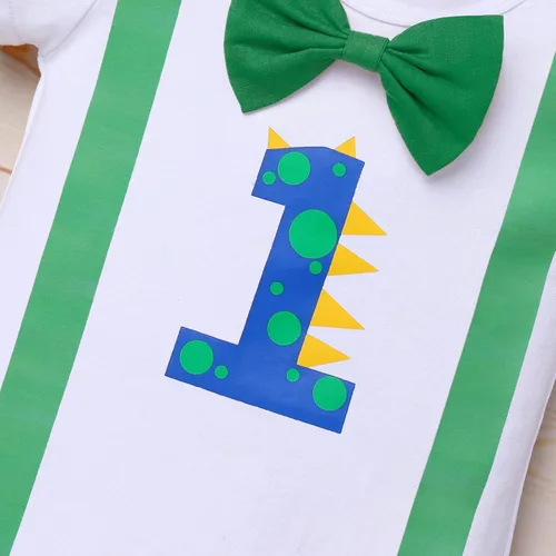Vista 3 de IDOPIP Traje de circo para bebé niño, primer cumpleaños, pañal, pañal, diadema, sombrero, disfraz de fiesta 4 dinosaurios verdes