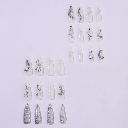 Vista 2 de MISUD Uñas a presión largas Stiletto con pegamento de plata cromada, diseño de cadena gótica Y2K acrílica 24 piezas