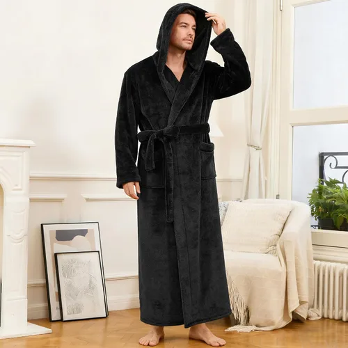 Vista 3 de U2SKIIN Bata de baño para hombre con capucha, bata de felpa gruesa de longitud completa, grande y alta Negro