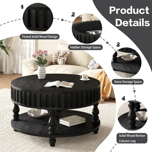 Vista 6 de TesNus Mesa auxiliar redonda de 31.5 pulgadas con almacenamiento, mesa de centro de madera moderna para sala de estar, mesa central pequeña