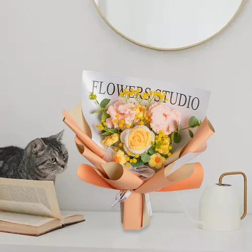 Vista 2 de Gralara Ramo de flores de ganchillo hecho a mano, flores artificiales, decoración del hogar, centro de mesa, plantas sintéticas para cumpleaños
