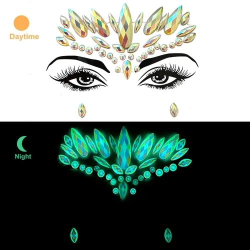 Vista 4 de Gemas faciales 4 hojas de joyas para la cara pegadas en diamantes de imitación, calcomanías de cristal luminoso, piedras preciosas temporales