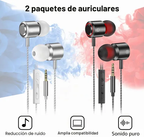 Vista 6 de Paquete de 2 auriculares con cable con micrófono, auriculares intrauditivos con cable con bloqueo de ruido y control de volumen, sonido premium